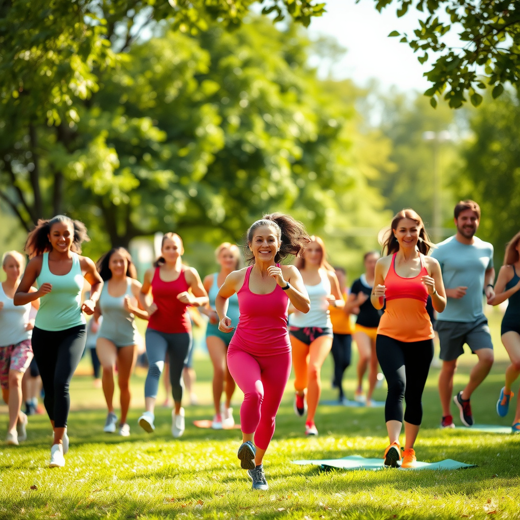 Grup de oameni făcând exerciții fizice în parc