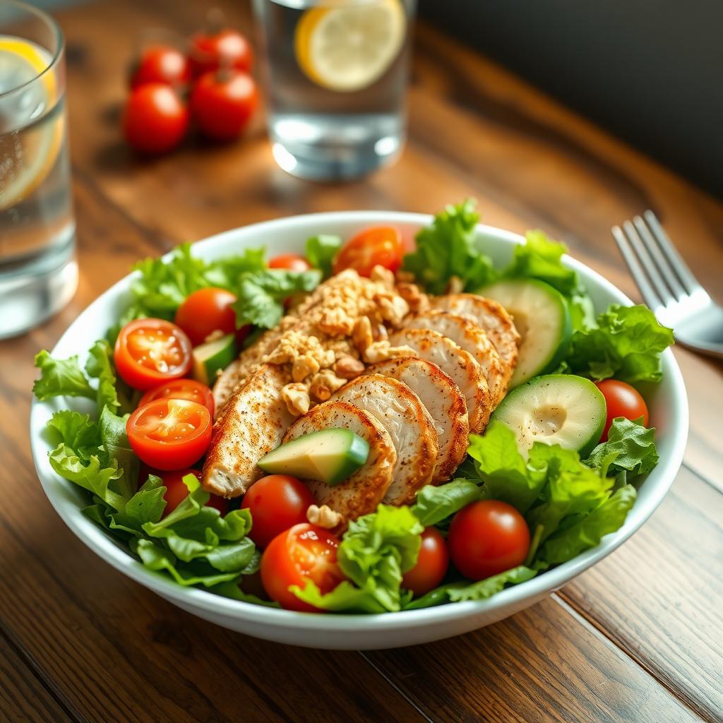 Un bol colorat cu salată proaspătă, plin cu verdețuri, roșii cherry, felii de castravete, avocado, pui la grătar și nuci, așezat pe o masă de lemn cu un pahar de apă și o felie de lămâie în fundal.