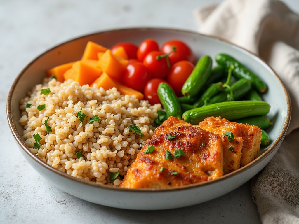 Masă echilibrată cu cereale integrale, legume și proteină slabă