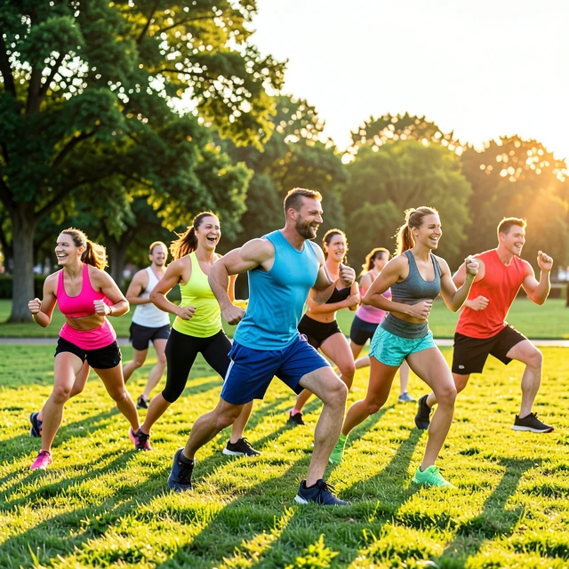 Grup de oameni antrenându-se cu HIIT în parc dimineața