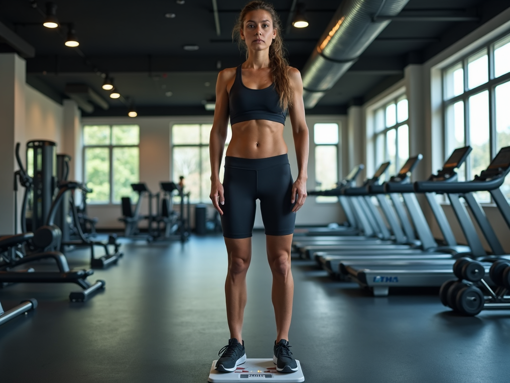 Un sportiv care se cântărește în sala de sport, arătând determinat.