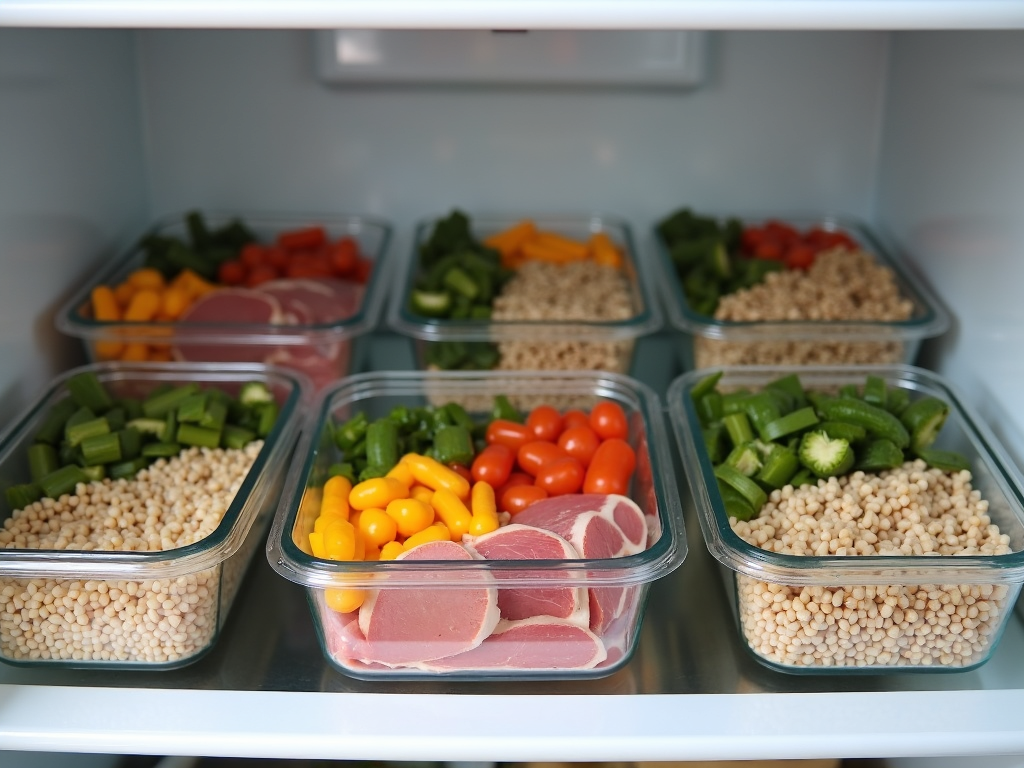Imagine cu un raft de frigider bine organizat, cu recipiente de mese pregătite, inclusiv carne slabă, legume fierte și cereale integrale, arătând planificarea meselor în practică.