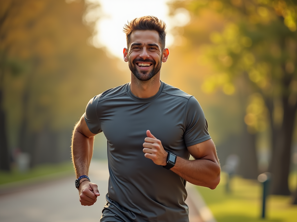 O persoană care zâmbește în timp ce aleargă afară, purtând un tracker de fitness și arătând determinată.