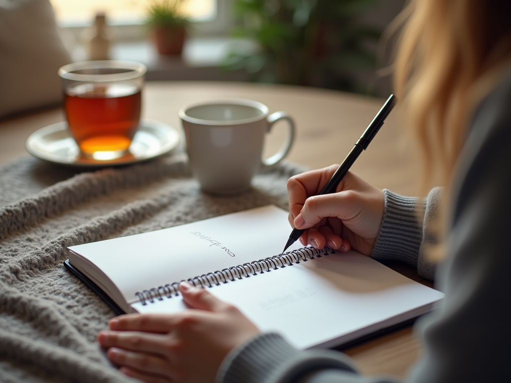 Persoană care își notează obiectivele într-un jurnal în timpul unui program de slăbit