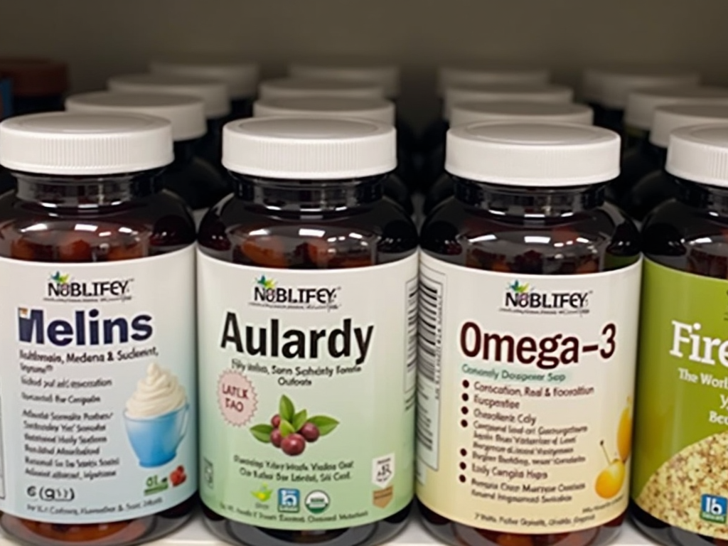 Suplimente alimentare variate pe un raft, incluzând proteine, fibre și omega-3