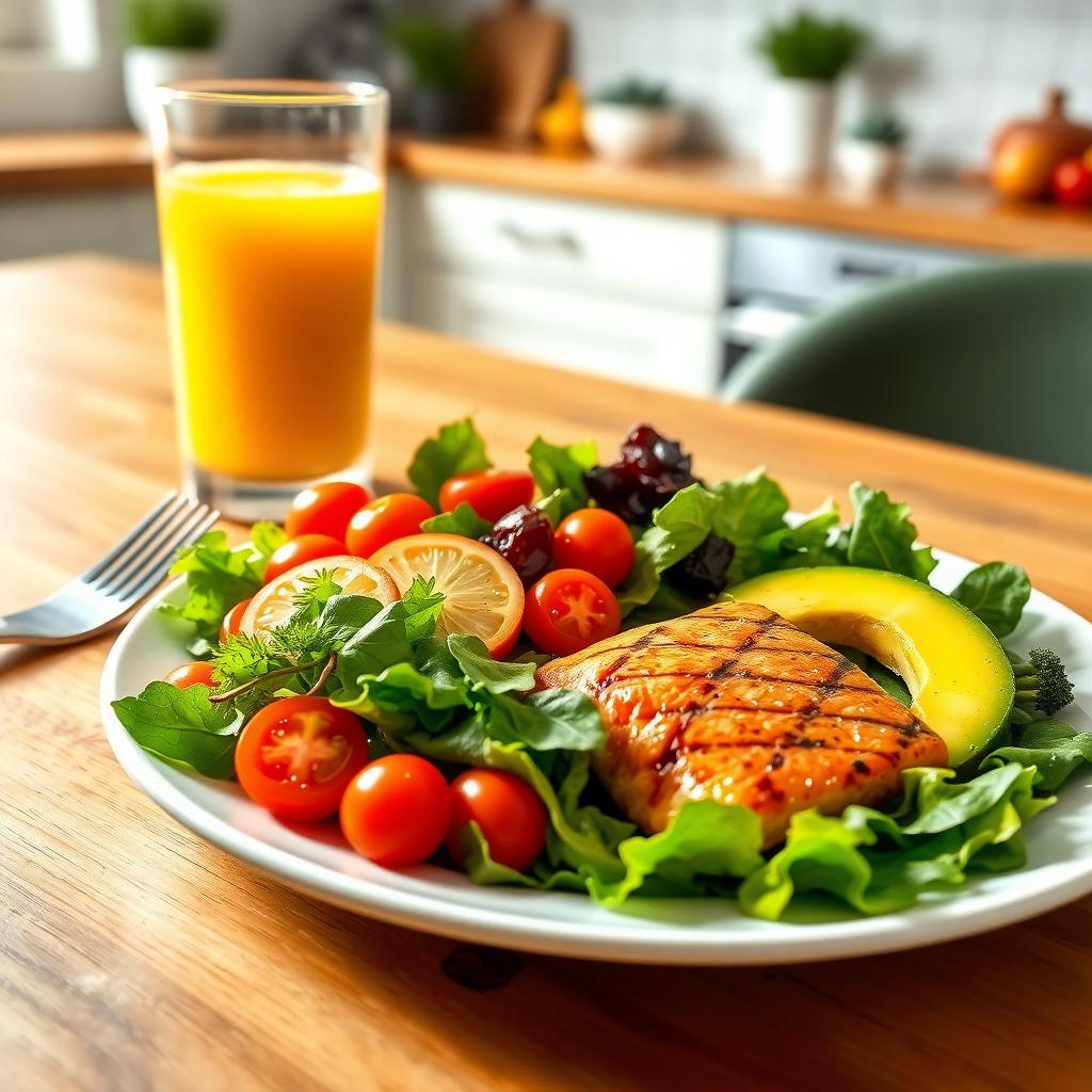 O farfurie sănătoasă pentru micul dejun, cu salată de legume proaspete, felii de avocado, somon la grătar și un pahar de suc de portocale, așezată pe o masă de lemn într-o bucătărie luminoasă.
