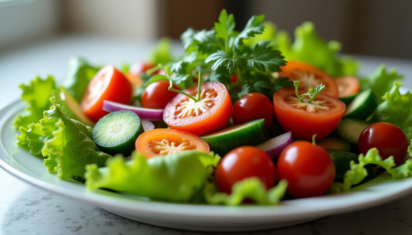 Salată proaspătă și legume sănătoase, simbolizând un regim de slăbit sănătos.