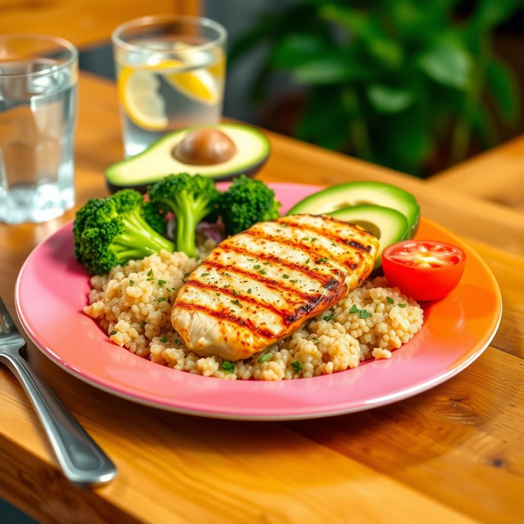 Farfurie cu o masă echilibrată pentru sportivi, conținând piept de pui la grătar, quinoa, broccoli fiert și avocado feliat, alături de un pahar cu apă și lămâie.