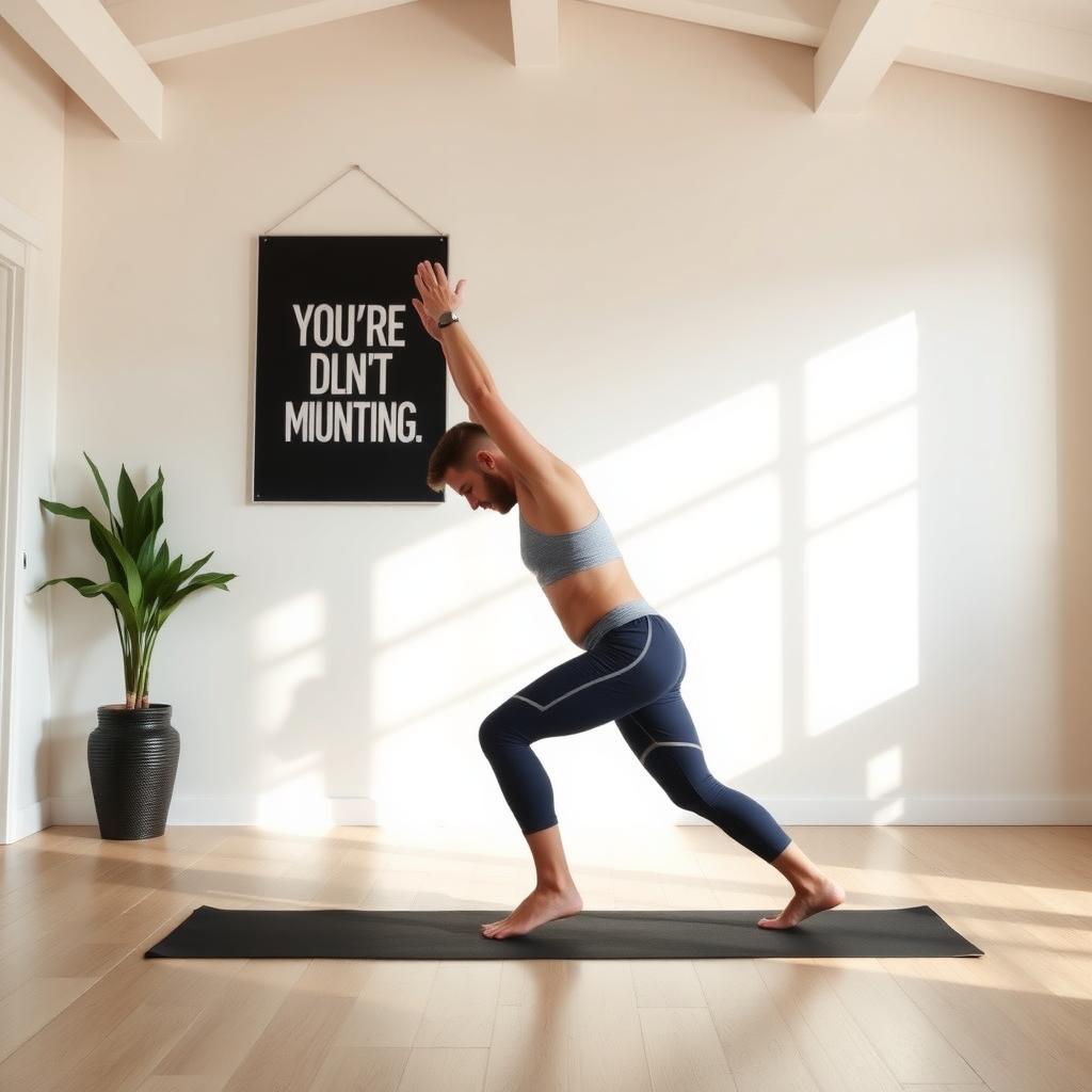 O persoană care face exercițiul mountain climbers pe un covoraș de yoga într-o cameră luminoasă, cu un poster motivațional pe perete.