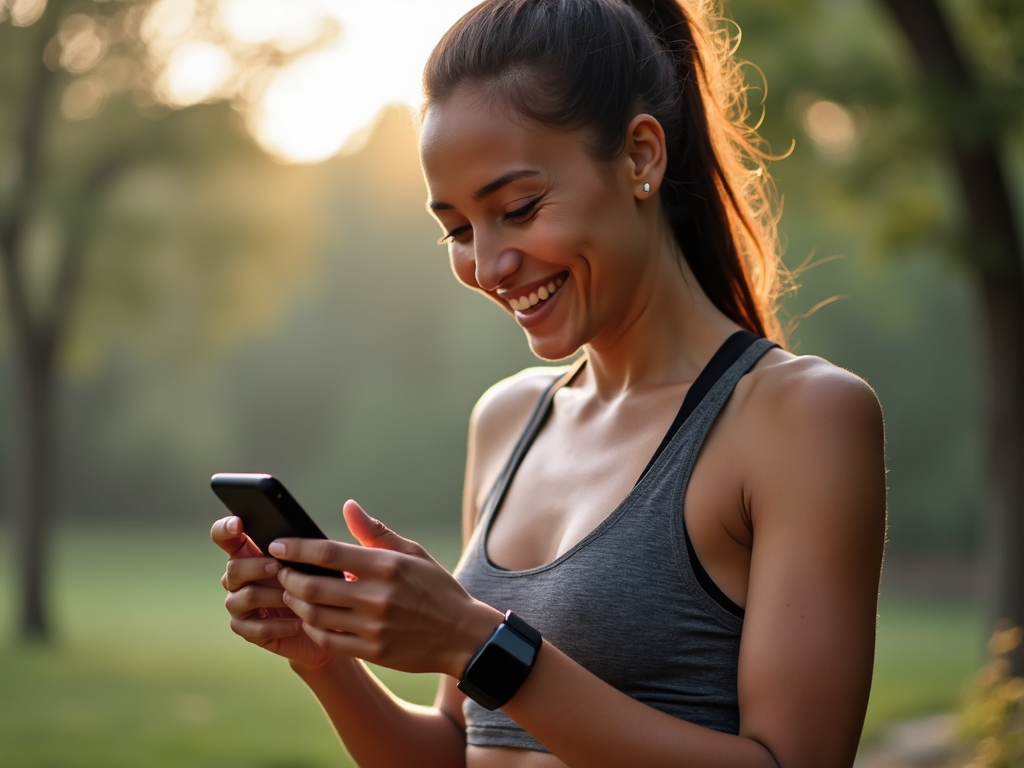 Persoană care verifică trackerul de fitness după antrenament, cu o expresie satisfăcută.