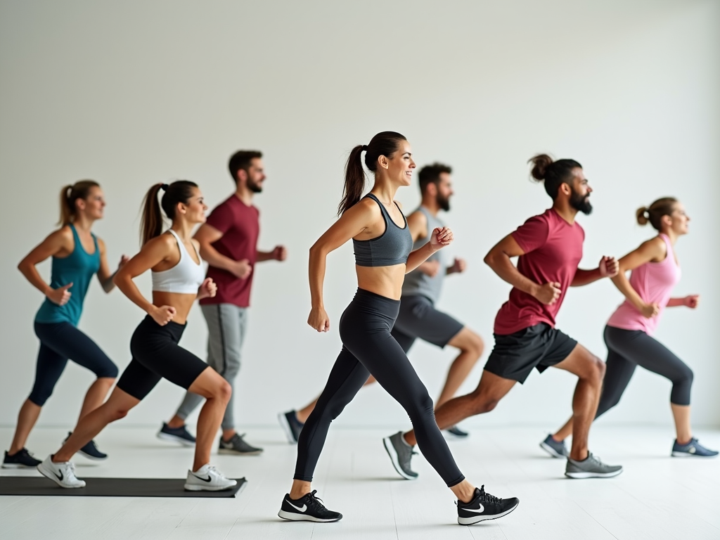 Grup divers de oameni făcând exerciții variate: yoga, alergare, ridicare de greutăți