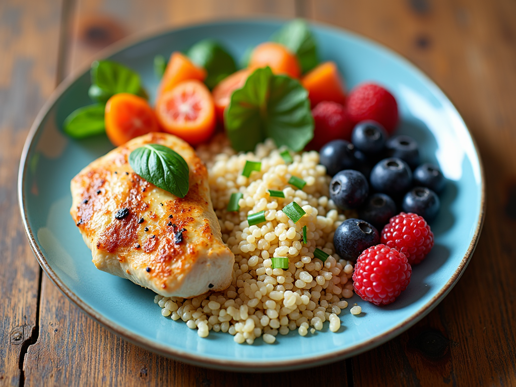 O farfurie colorată cu o masă echilibrată: pui la grătar, quinoa, legume fierte la abur și o porție de fructe de pădure proaspete, aranjate artistic pe o masă de lemn.