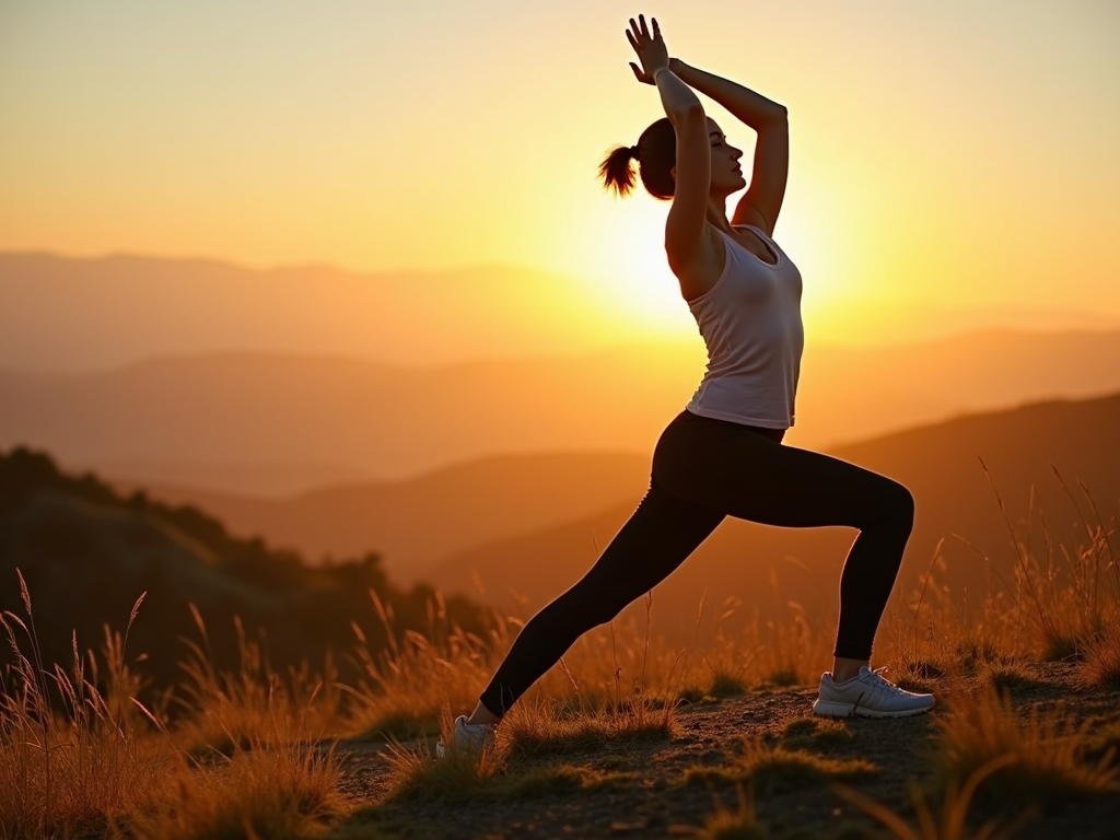 Femeie tânără care practică yoga la răsărit