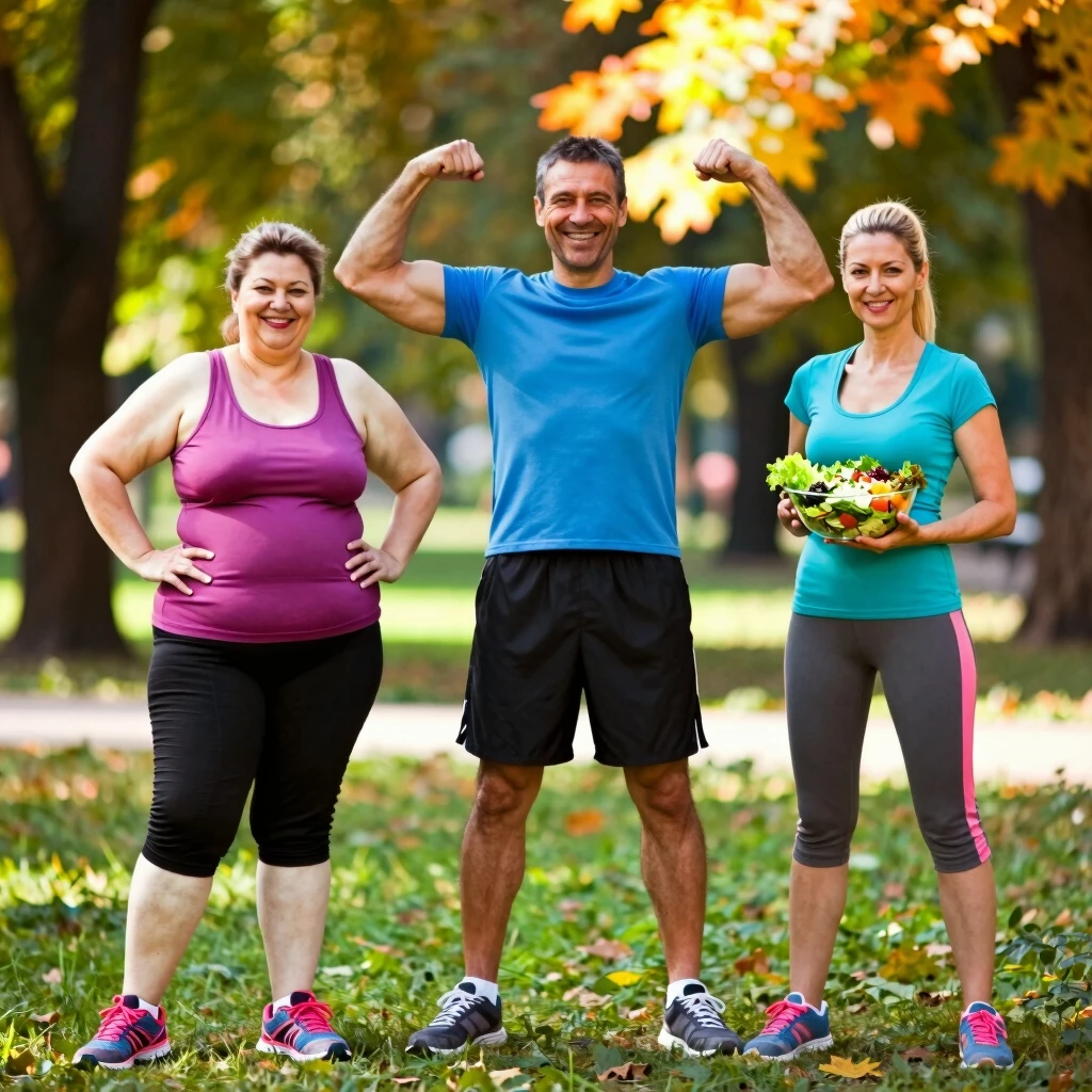 Grup de români motivați în parc, celebrând transformări de slăbire înainte și după
