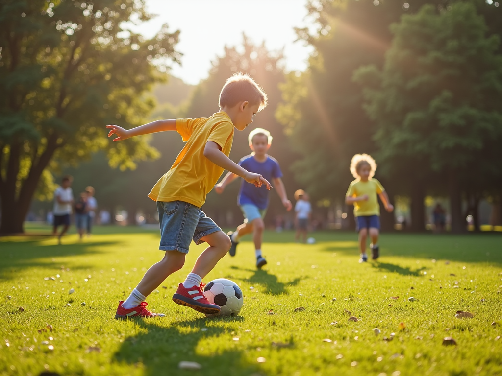 Copii jucând fotbal într-un parc într-o zi însorită