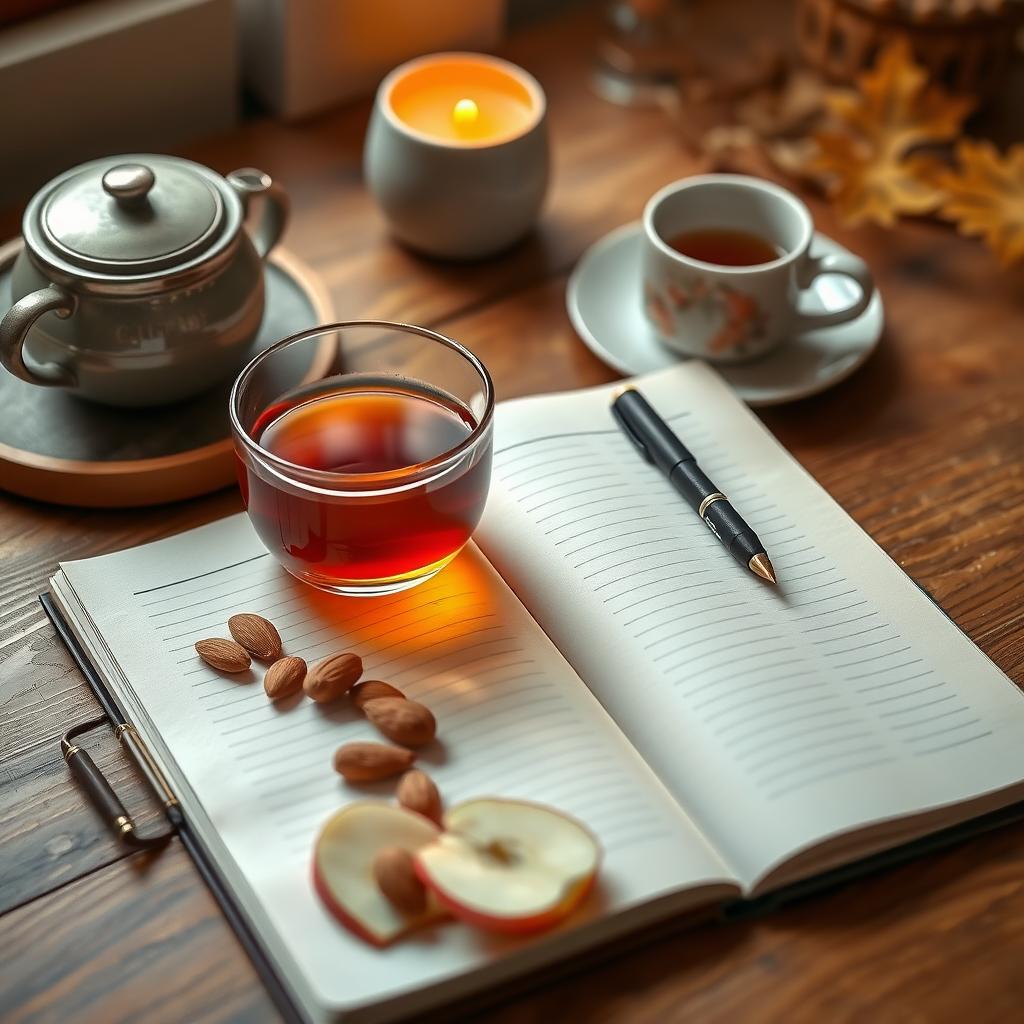 Birou din lemn cu un jurnal deschis, un stilou, o ceașcă de ceai de plante și o farfurie cu gustări sănătoase, cum ar fi felii de măr și migdale, într-un decor cald și luminat discret.