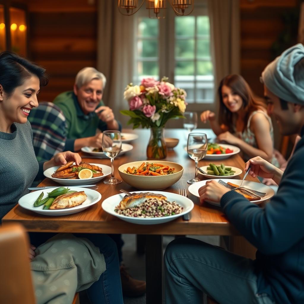 Familie luând masa împreună la o masă de lemn, cu farfurii colorate cu pește la grătar, legume coapte și salată de quinoa.