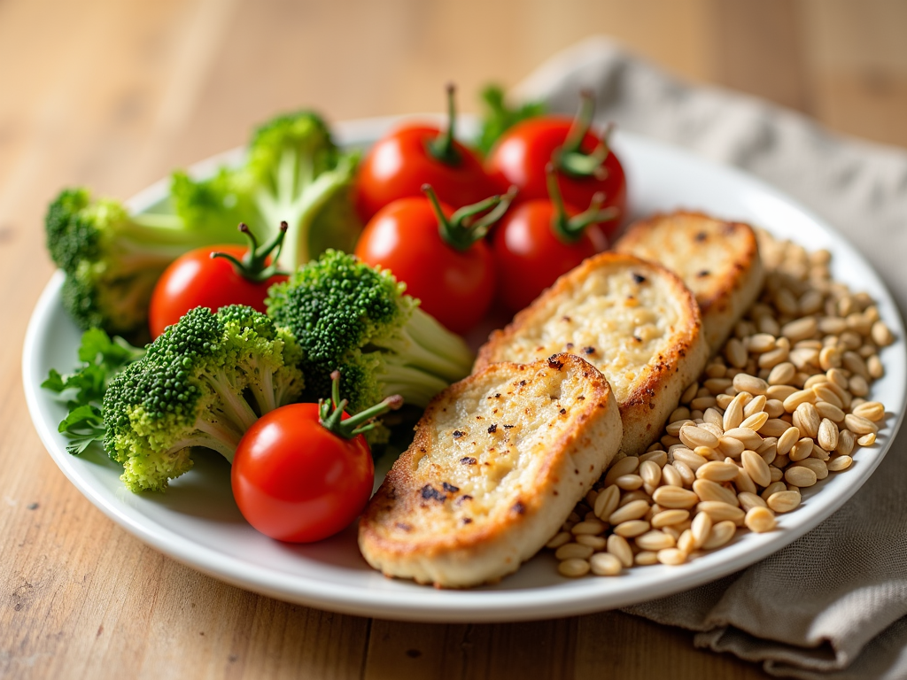 O farfurie colorată cu o masă echilibrată care include legume, proteine slabe și cereale integrale