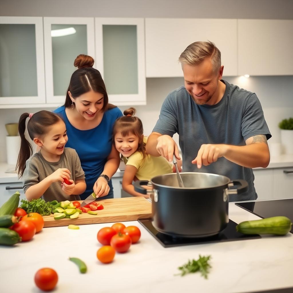 O familie gătește împreună într-o bucătărie modernă, tăind legume și amestecând într-o oală, cu ingrediente precum roșii și ierburi pe masă.