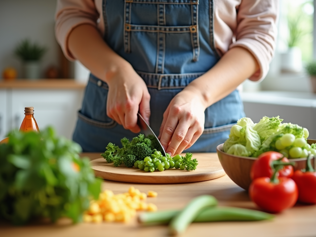 O persoană care pregătește o masă sănătoasă într-o bucătărie luminoasă, toacă legume și aranjează ingredientele