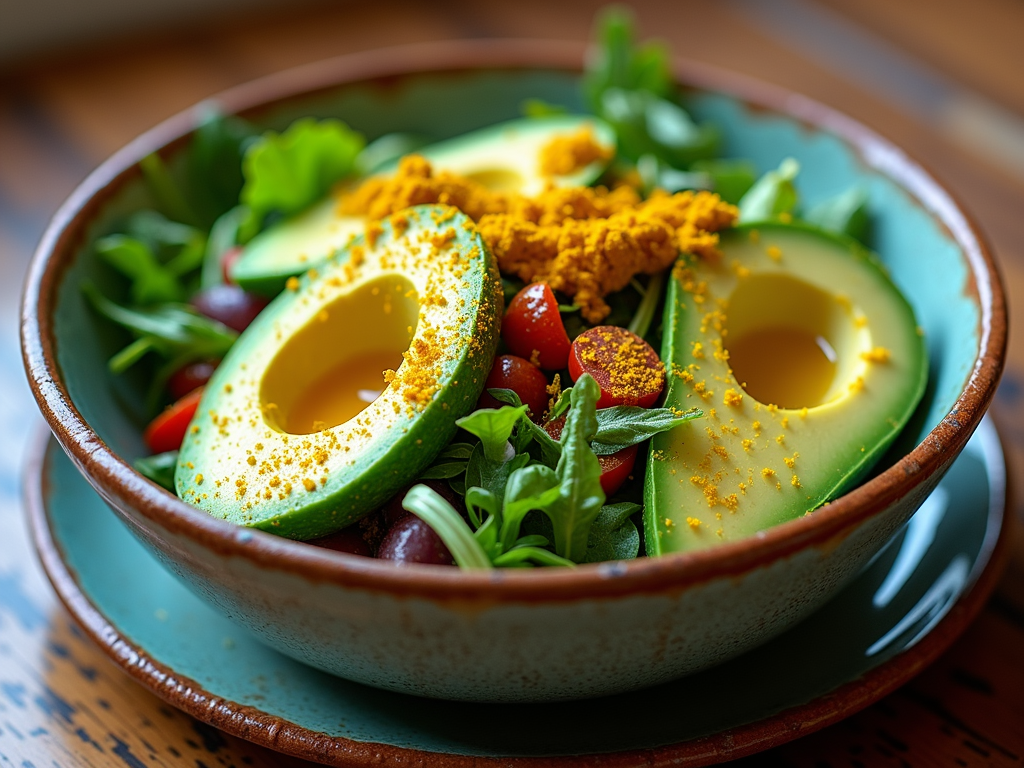 Salată colorată într-un bol, cu felii de avocado, turmeric presărat, verdețuri proaspete și un strop de ulei de măsline, pe o farfurie ceramică.