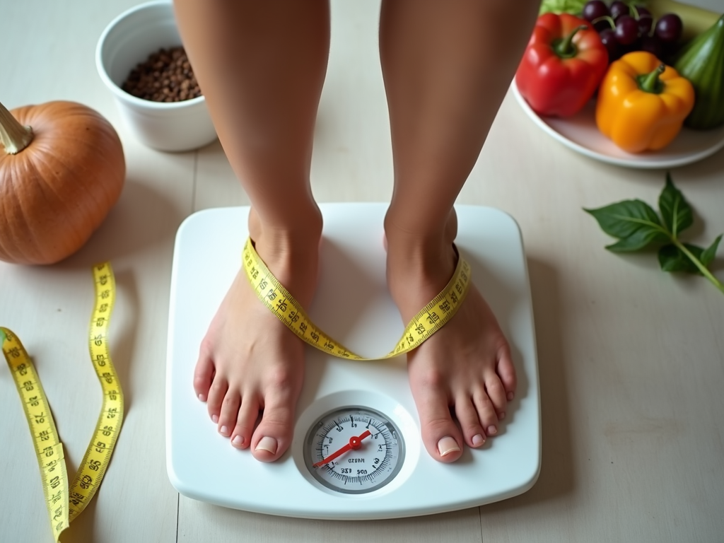 Persoană pe cântar cu bandă de măsurat în jurul taliei, gânditoare, cu fundal de alimente sănătoase și echipament de exerciții.