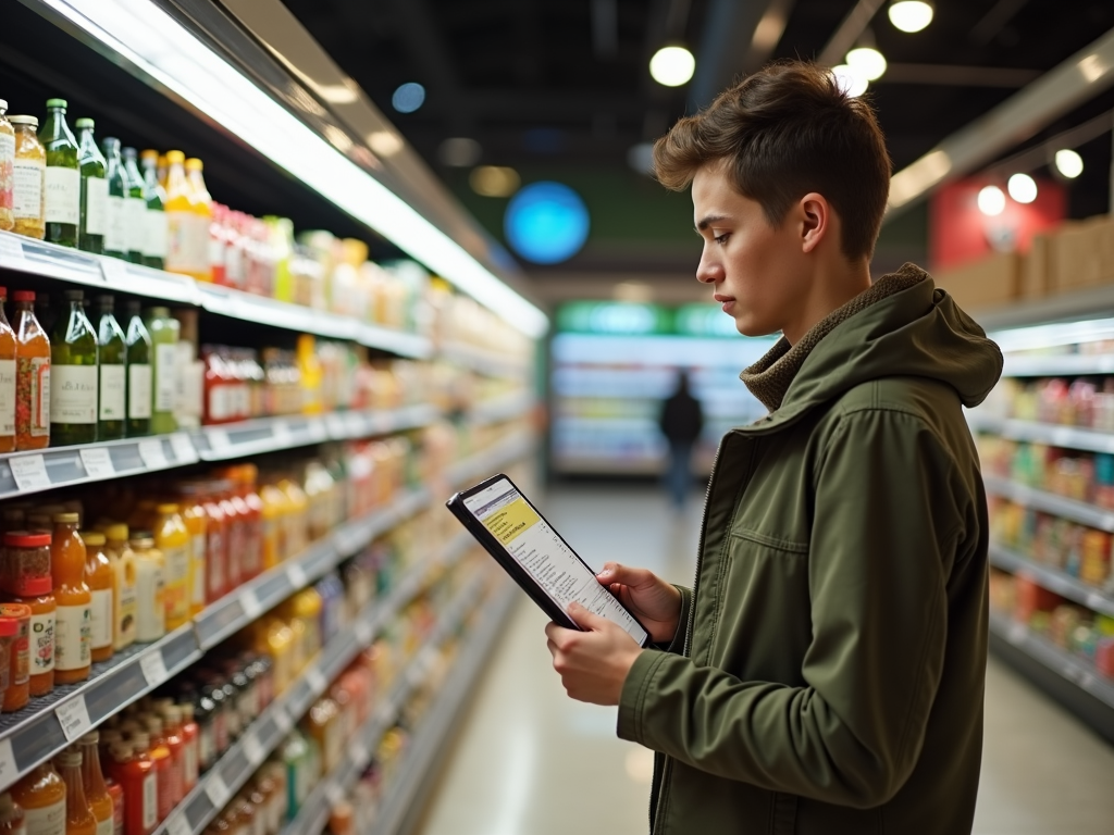 O persoană citește etichetele alimentelor într-un magazin, arătând gânditoare