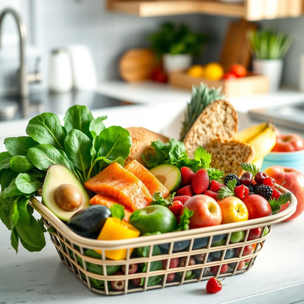 Un coș de cumpărături plin cu alimente sănătoase, inclusiv spanac proaspăt, avocado, fileuri de somon, pâine integrală și fructe colorate precum fructele de pădure și mere, așezat pe o masă de bucătărie luminată natural.