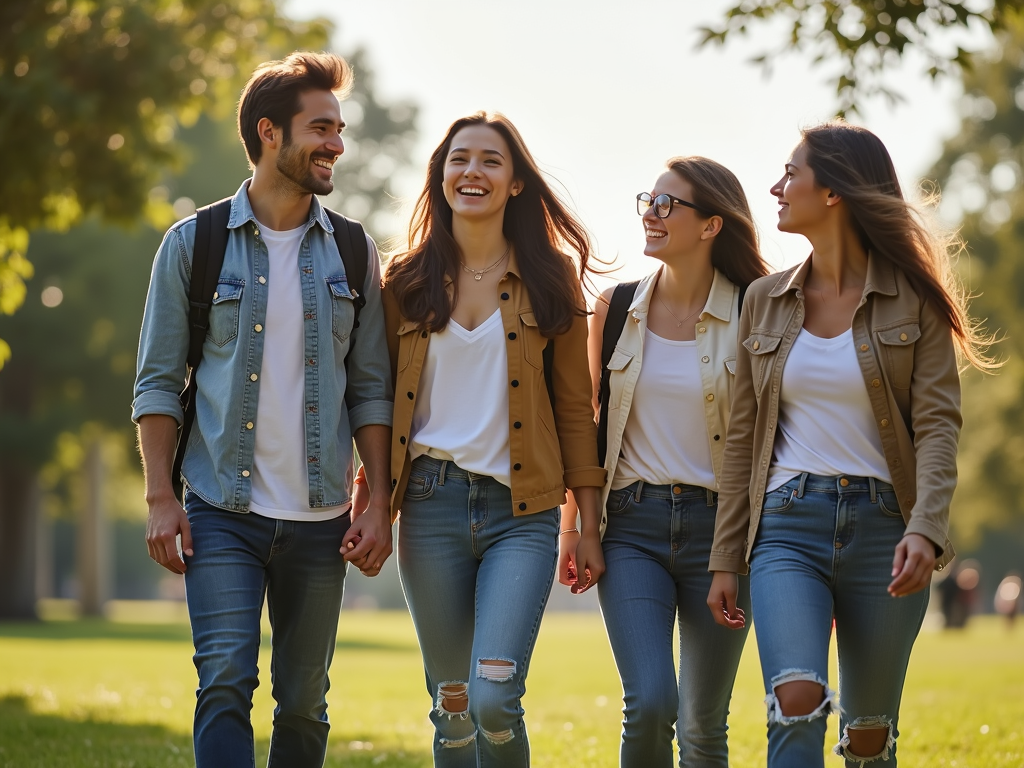 Un grup de prieteni care se plimbă într-un parc, râzând și bucurându-se de o zi însorită, cu copaci și cer senin pe fundal.