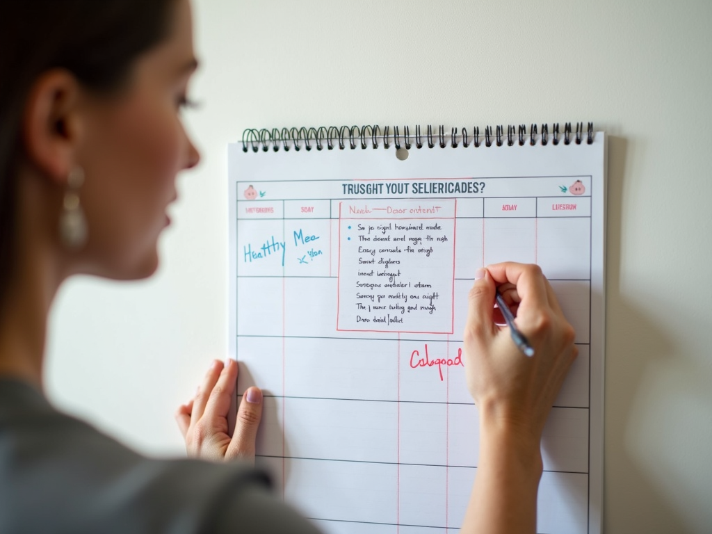 Persoană care își stabilește obiective realiste de slăbire pe un calendar, cu un plan de masă sănătoasă și un program de exerciții vizibile în fundal.