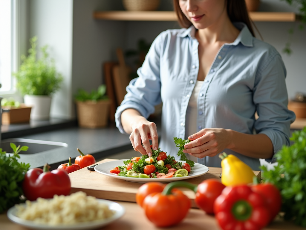 Persoană care pregătește o masă sănătoasă în bucătărie, cu legume și fructe proaspete pe blat, subliniind o dietă echilibrată.