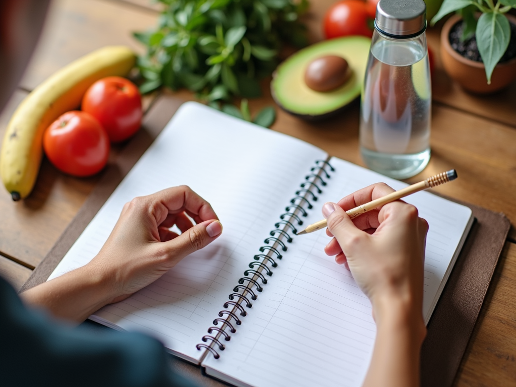 Persoană care scrie într-un jurnal alimentar cu gustări sănătoase și o sticlă de apă în apropiere.