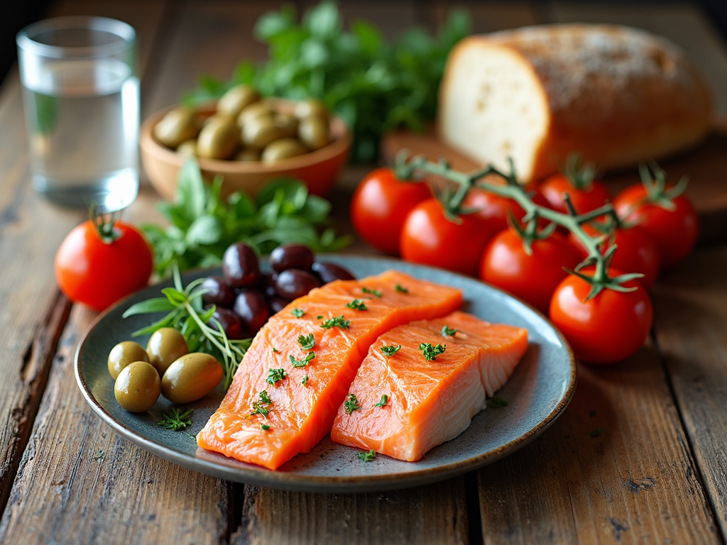 Masă cu alimente din dieta mediteraneană