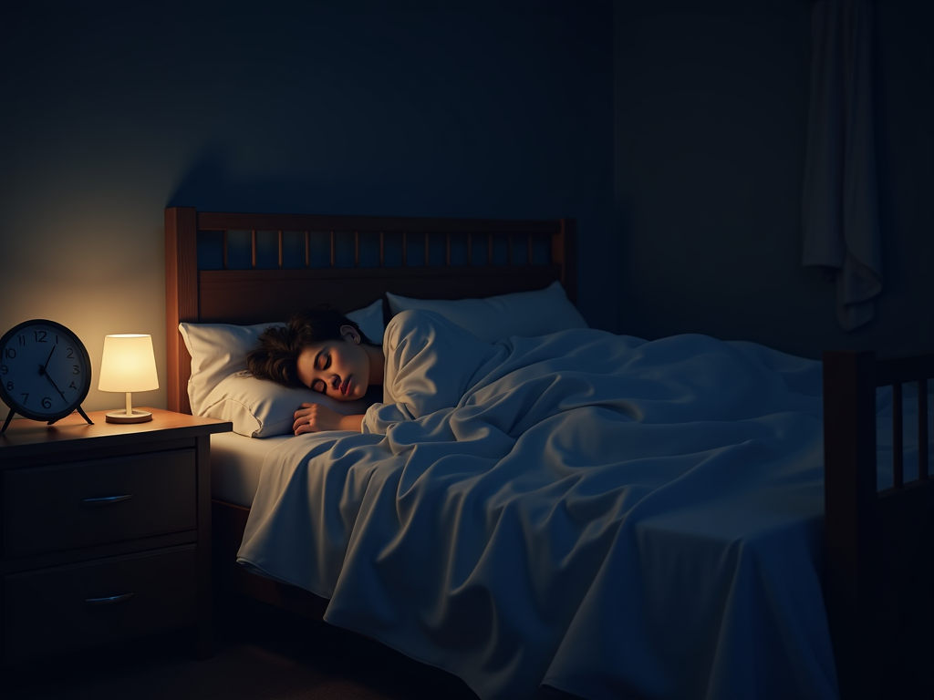 Scenă liniștită de dormitor noaptea, cu o persoană dormind pașnic sub pături confortabile, o lampă slabă pe noptieră și un ceas care arată ora 22:00, indicând o oră de culcare devreme.