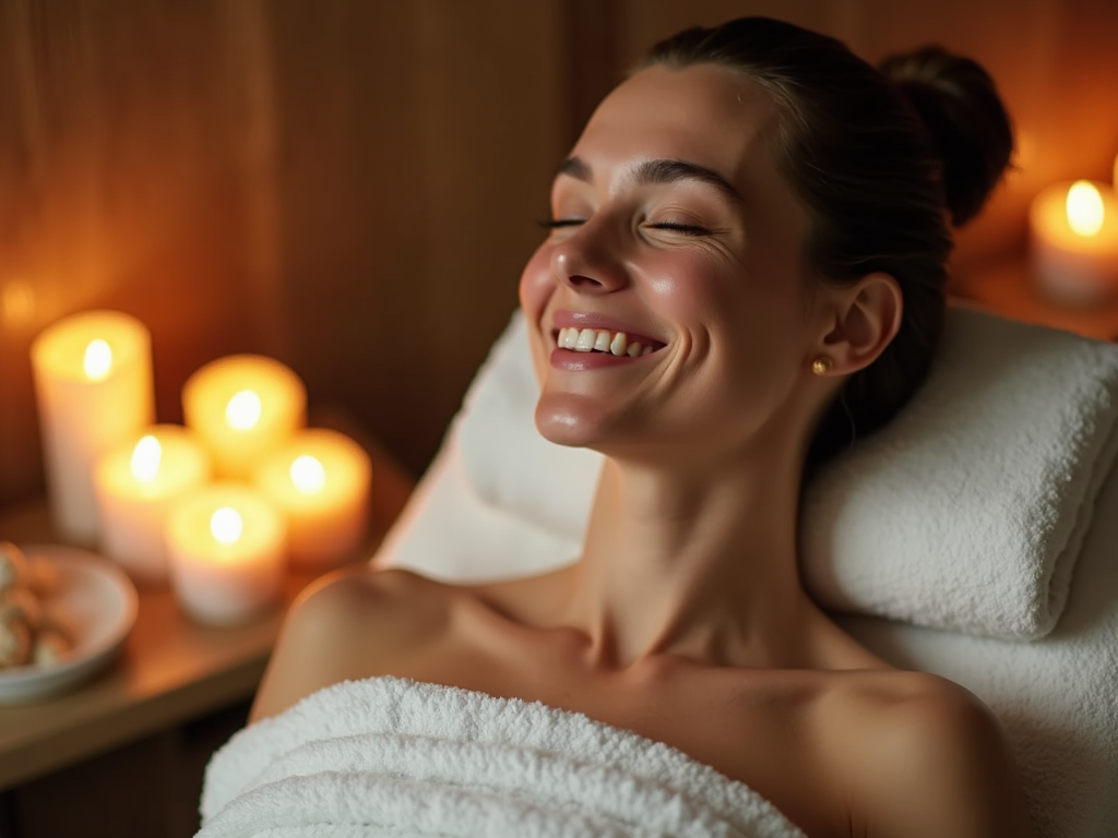 Persoană care se bucură de o zi relaxantă la spa, cu o expresie senină, înconjurată de lumânări și elemente calmante, ca recompensă pentru munca depusă.