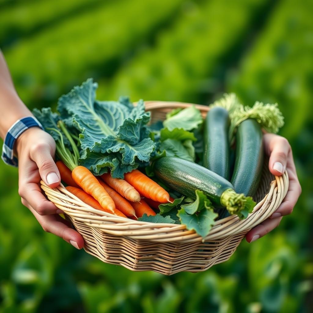 Mâinile unui fermier ținând un coș plin cu legume de sezon proaspăt culese, inclusiv morcovi, kale și dovlecei, cu un câmp verde în fundal, evidențiind legătura cu natura.