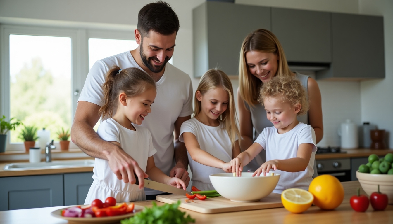 Familie gătind împreună în bucătărie