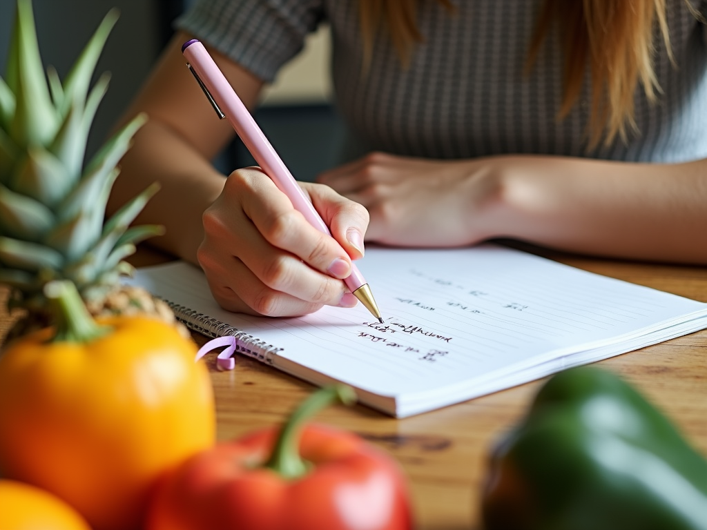 O persoană care notează într-un caiet ce mănâncă zilnic, înconjurată de fructe și legume proaspete.