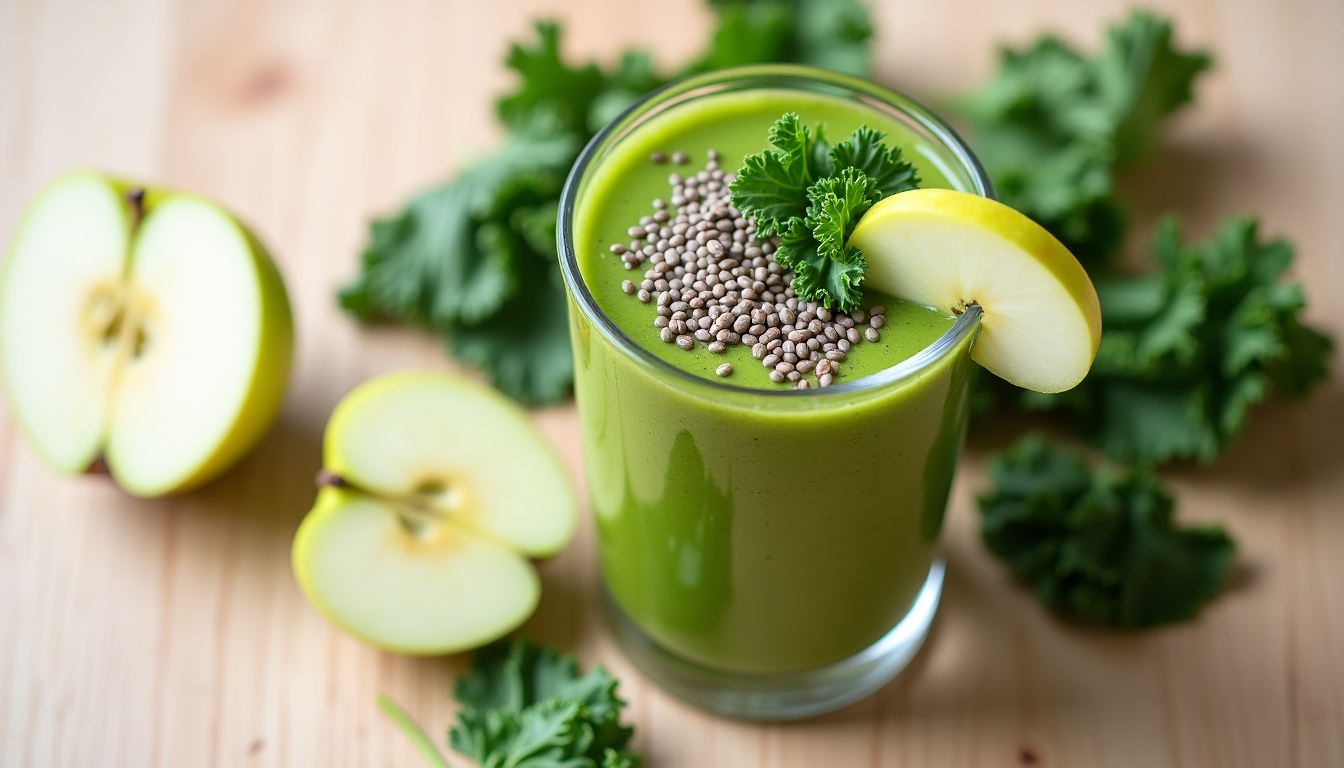 Imagine cu un bol de smoothie verde plin cu spanac, kale și măr, simbolizând o alimentație sănătoasă.