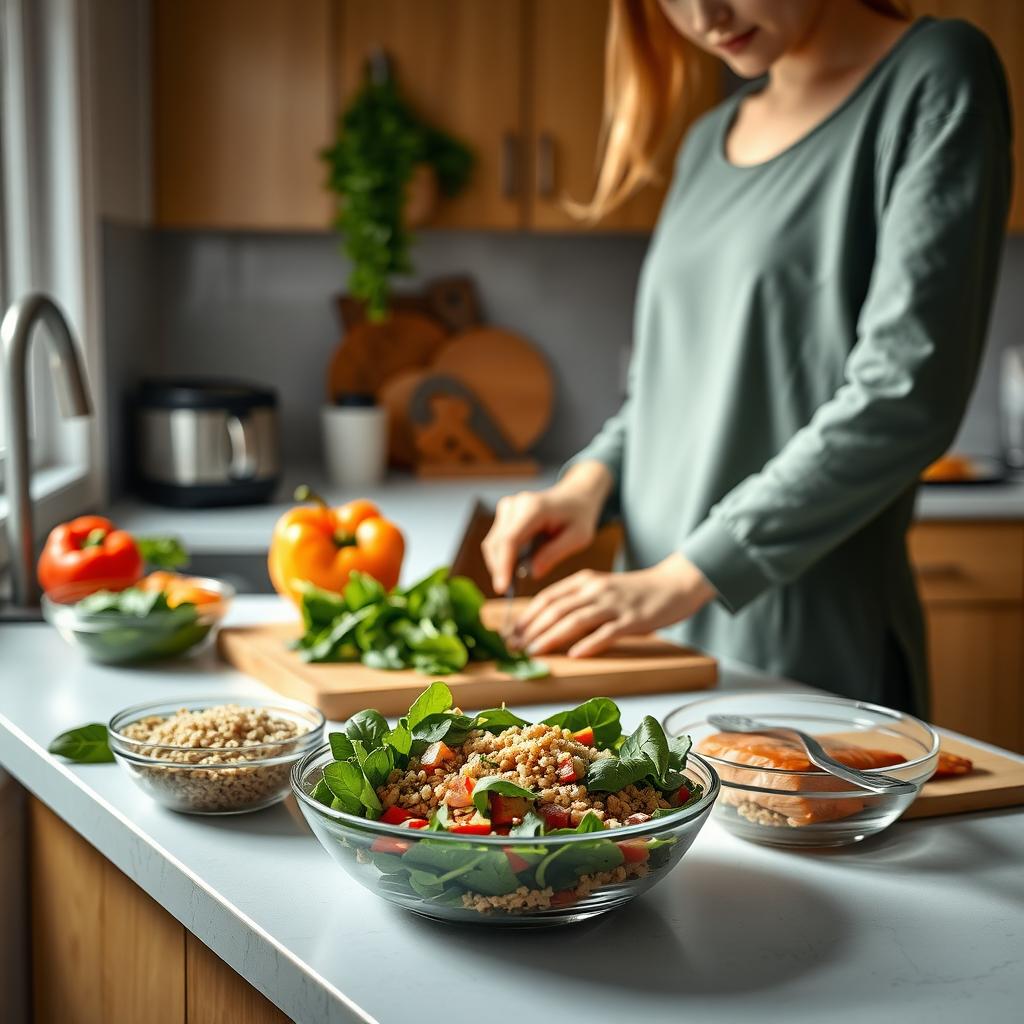Persoană pregătind o masă sănătoasă într-o bucătărie de casă, cu ingrediente proaspete precum spanac, ardei, quinoa și somon, pe un blat bine organizat.