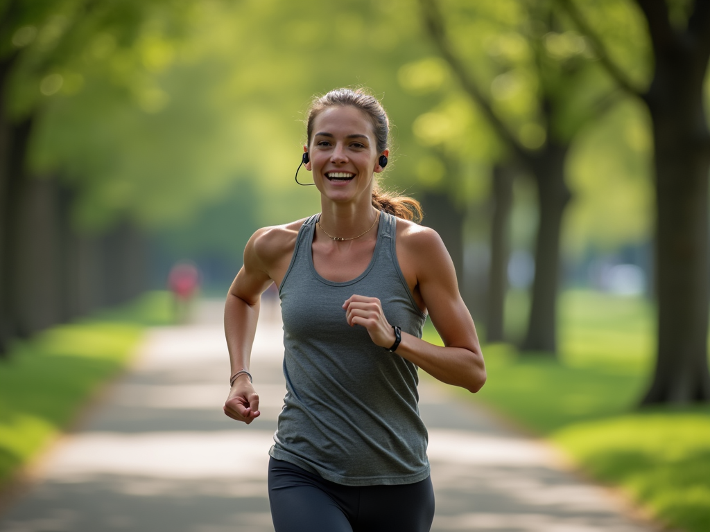 O persoană care aleargă pe o potecă cu copaci într-un parc, purtând haine sport comode și căști, cu o expresie concentrată, dar relaxată.