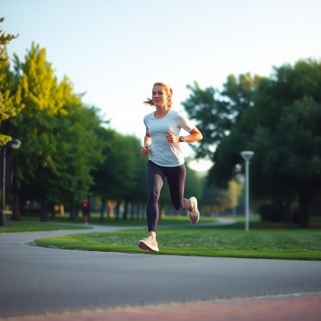 Persoană care aleargă în parc dimineața, purtând haine sport, cu copaci verzi și cer albastru pe fundal.