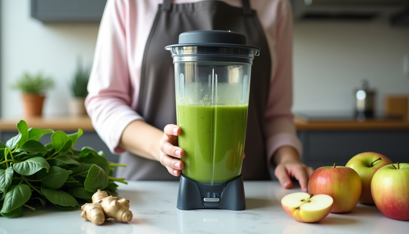 Persoană preparând un smoothie verde în bucătărie