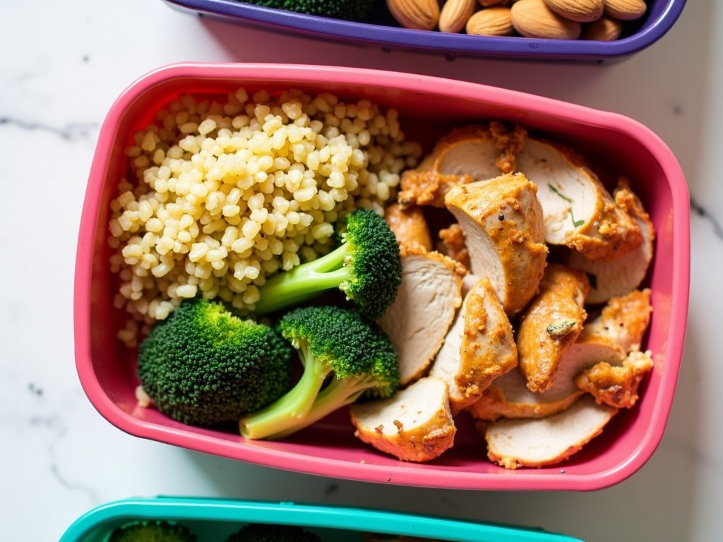 Cutie de meal prep cu pui la grătar, quinoa, broccoli fiert și o porție mică de migdale.