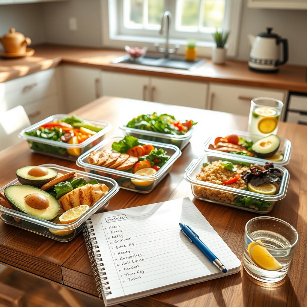 Imagine cu o masă de lemn pe care sunt așezate recipiente pentru pregătirea meselor, pline cu ingrediente proaspete precum avocado, pui la grătar, quinoa și verdețuri. Un caiet cu un plan de masă scris de mână și un pahar cu apă și lămâie sunt în fundal.