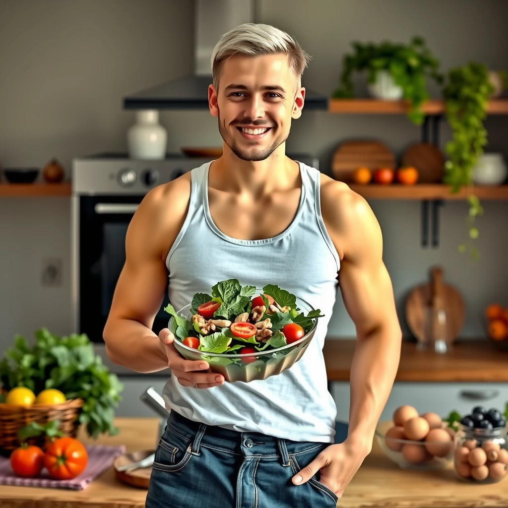 Persoană energică cu salată sănătoasă