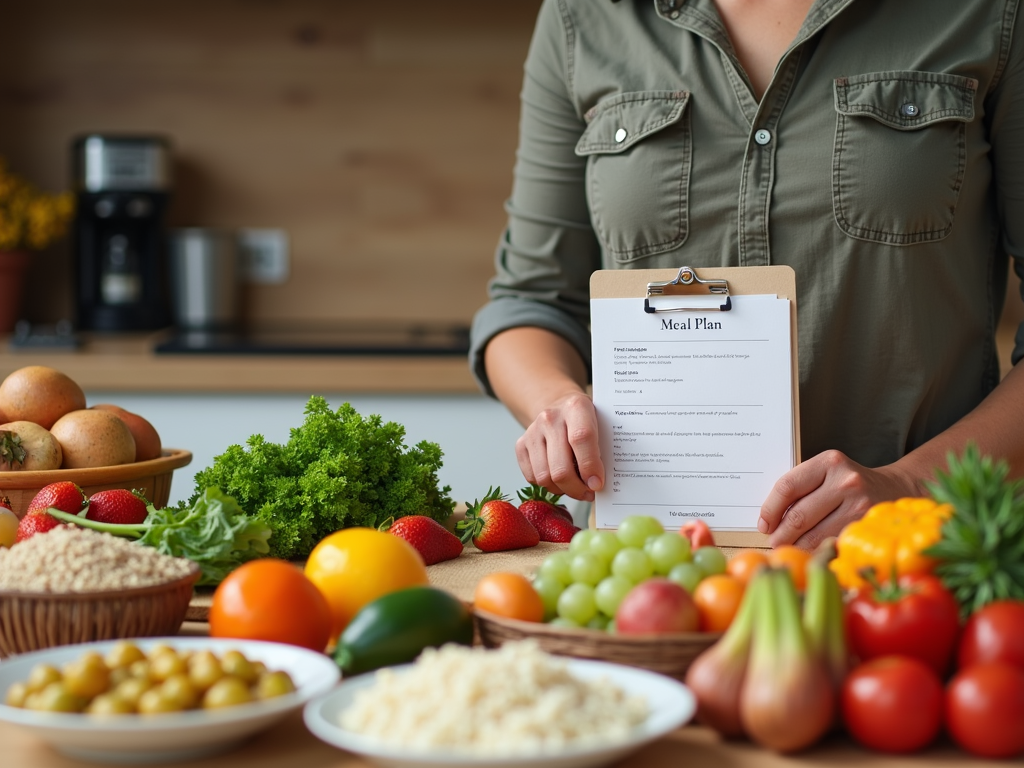 Plan de masă sănătos cu fructe, legume și cereale integrale.
