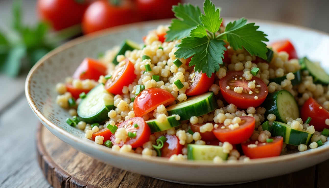 Salată de quinoa cu roșii, castraveți și ardei, într-un bol alb