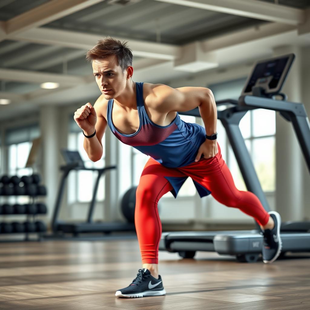 Persoană care efectuează un exercițiu de tip HIIT (burpee) într-o sală de fitness modernă, cu bandă de alergare și gantere în fundal.
