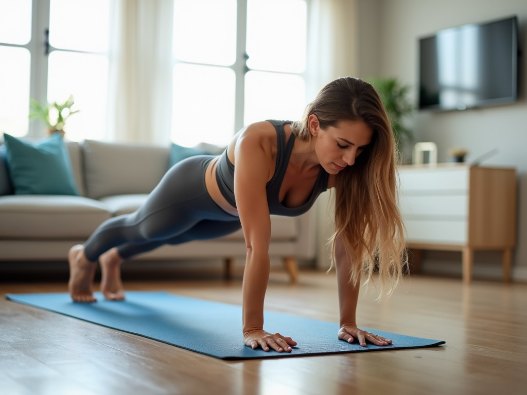 Persoană făcând exercițiul plank într-un living luminos, demonstrând eficiența exercițiilor simple pentru slăbit acasă.